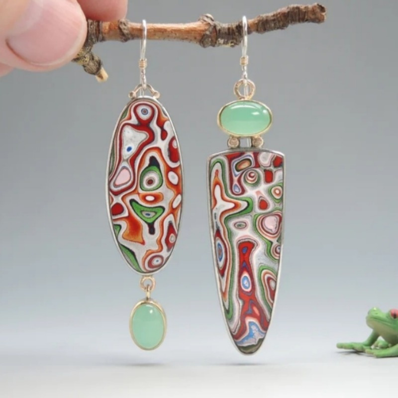 E-shop Bohemian Style Asymmetrische Unregelmäßige Mehrfarbige Tropfen-Hängeohrringe für Frauen - Vintage-Inspiriert, KC Goldvergoldeneter Kupfer, Ideal