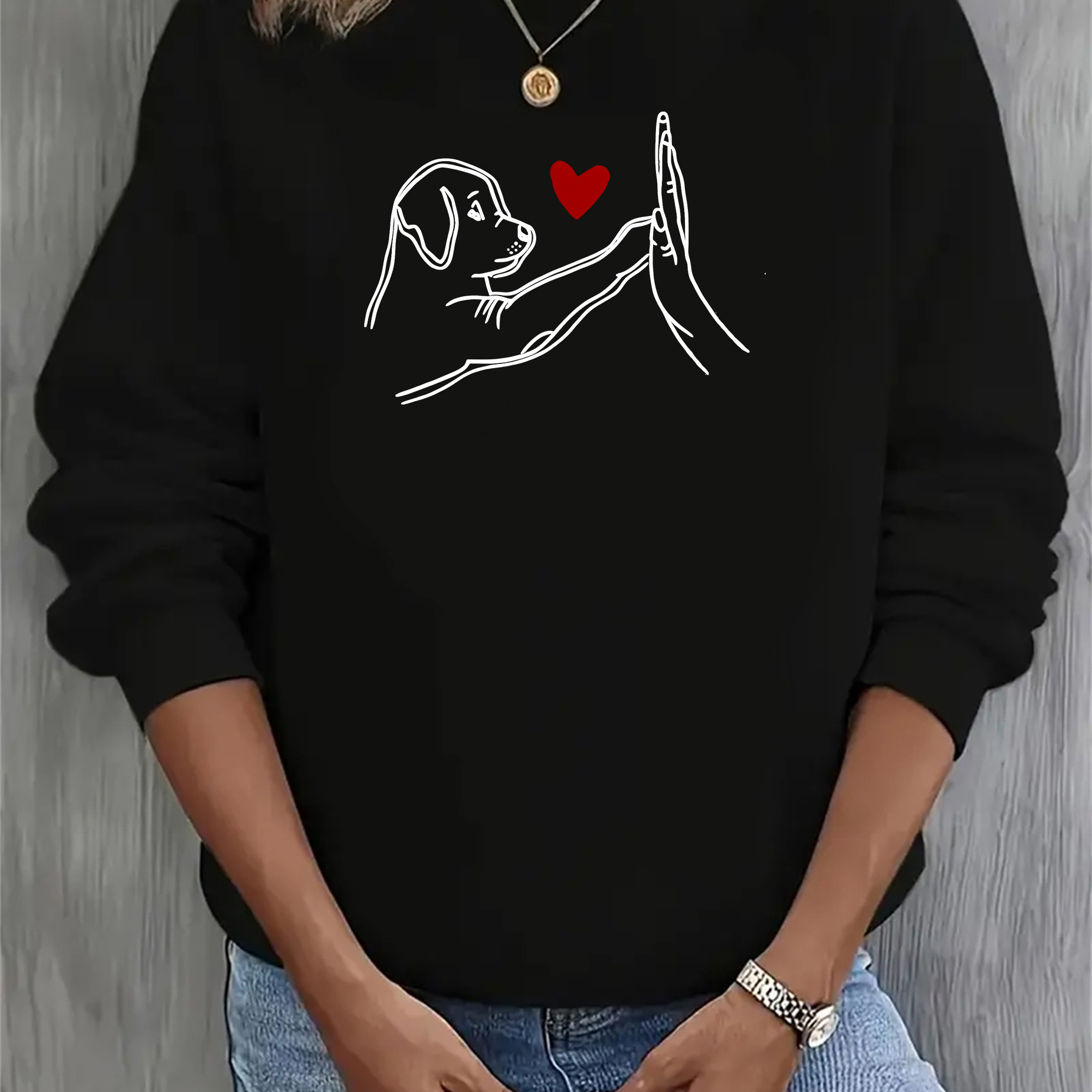 

Cozy Fleece-lined Women's Sweatshirt With Cute Dog Paw Print - Casual Long Sleeve Crew Neck Pullover, Machine Washable Polyester , All