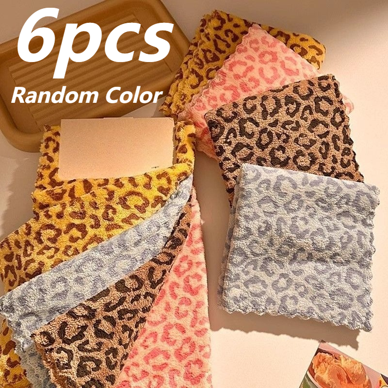 TEMU 6pcs Random Color Retro Double-sided Colored Leopard Print Cleaning Cloth, Square Coral Fleece Small Towel, Dishwashing Cloth, Hand Towel,