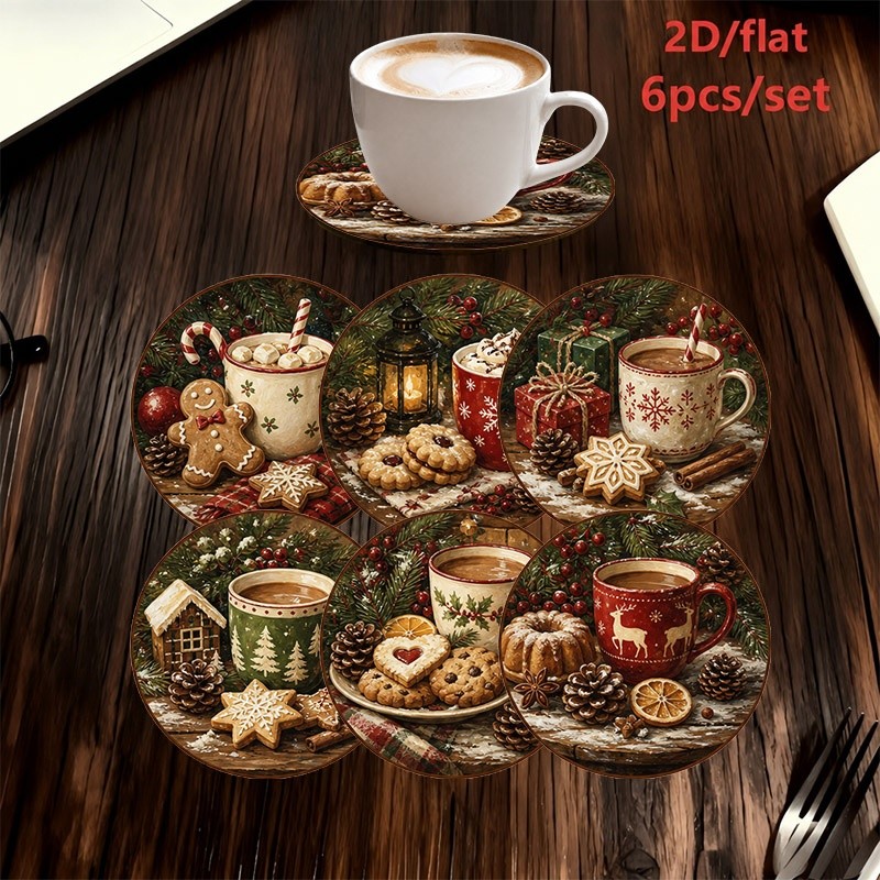 TEMU 6pcs Set Of Festive Christmas Winter Theme 2d Wooden Coasters, Printed With , Gingerbread Man, And Holiday Decor Elements, Suitable For Home And