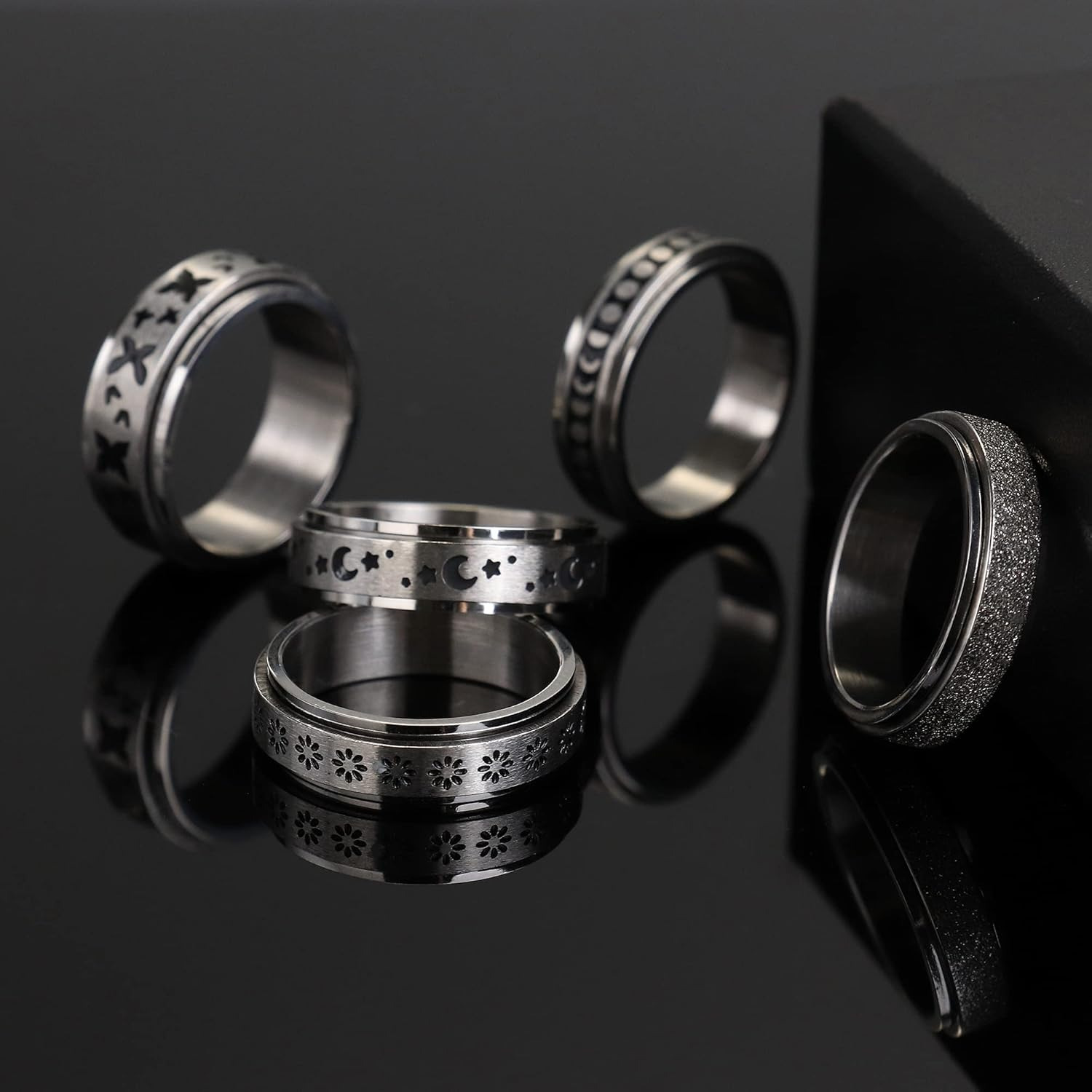 5pcs stainless steel spinner rings for women and men fidget rings with   star   designs jewelry for festivals parties and casual attire cute ring Product details 1