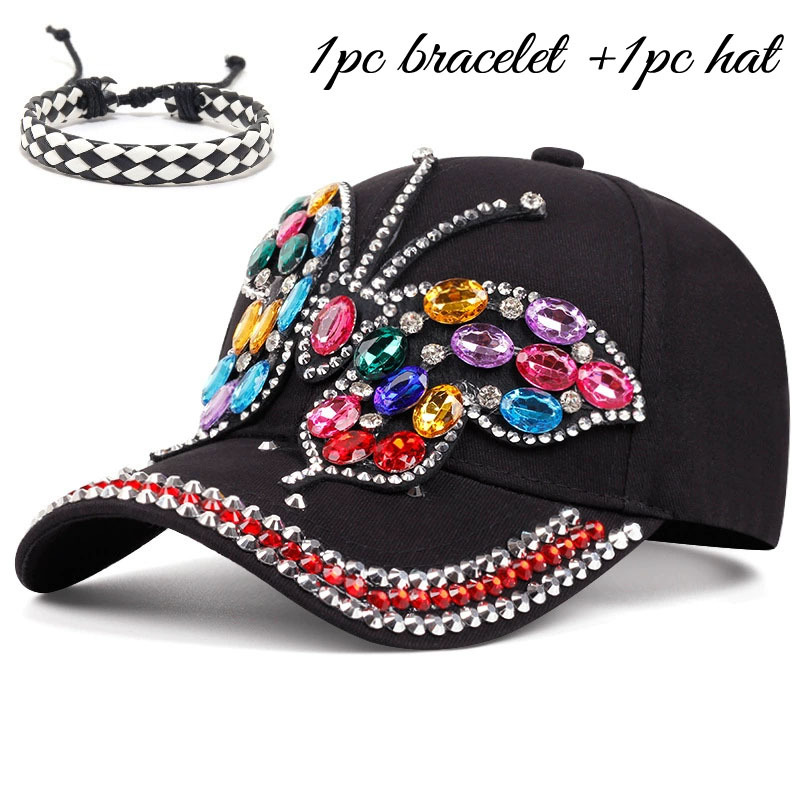 TEMU 2pcs (1pc Hat And 1pc Bracelet) Women's Luxury Rhinestone Baseball Cap - Sparkling, Multi-colored Crystal-embellished Hat - Party Headwear -
