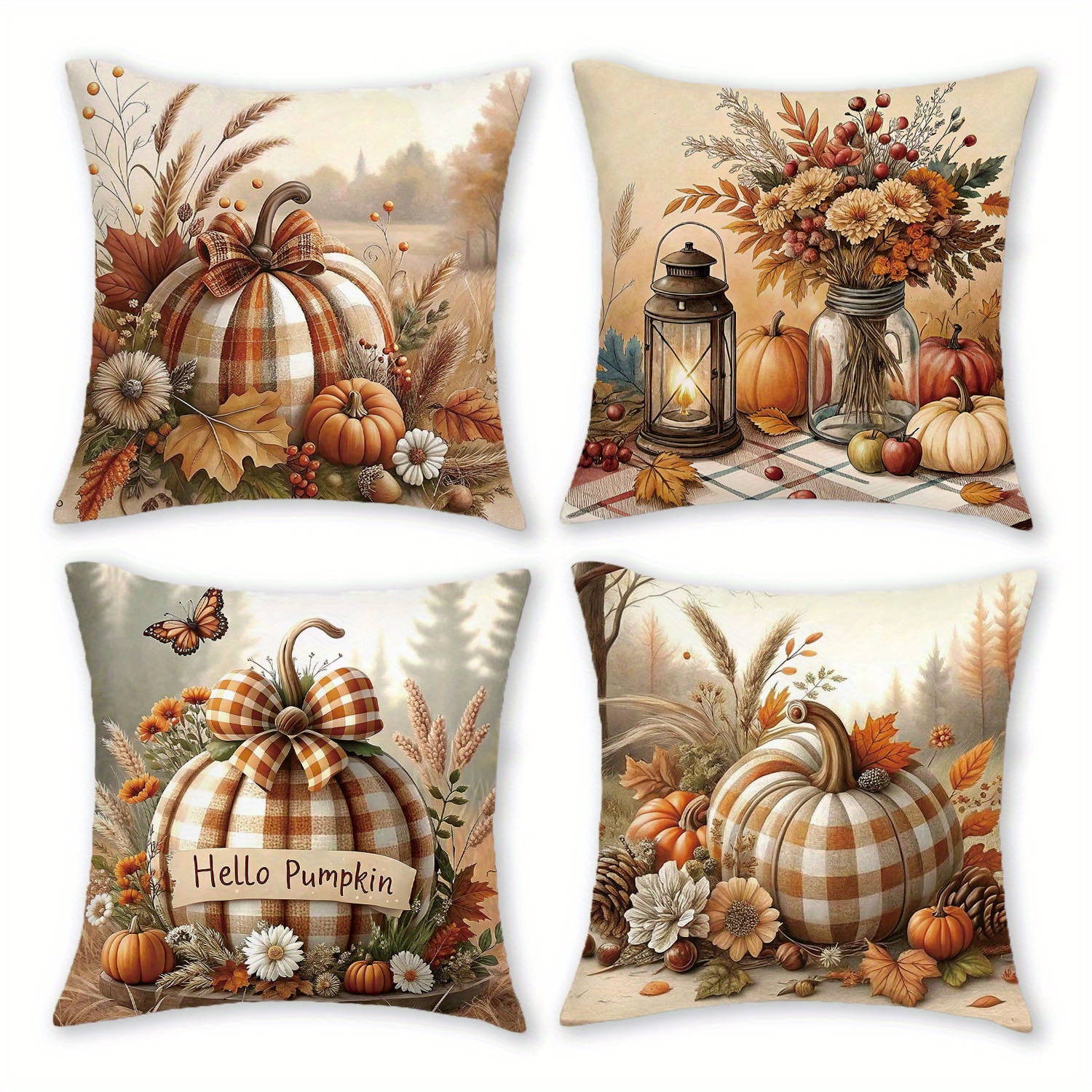 TEMU Set Of 4, Cozy Plush Throw Pillow Covers For Fall, Featuring A Plaid Pumpkin Design. Cushion Covers Measure 18 Inches By 18 Inches And Have