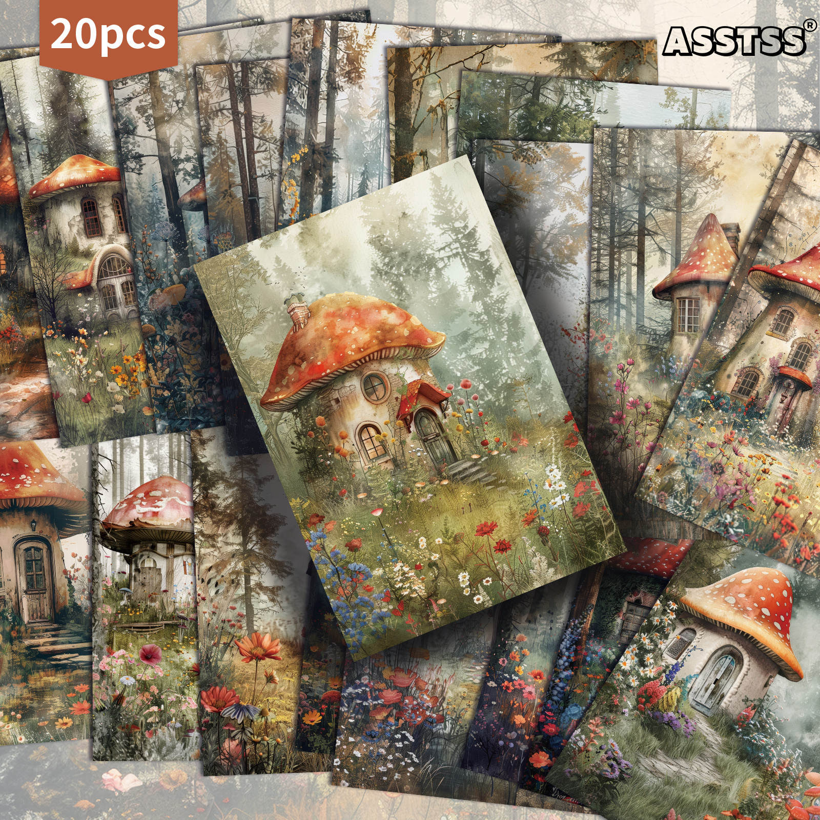 TEMU 20-pack Asstss Retro Pinup Cards - Vintage Mushroom Houses, Pinup & Suitable For Scrapbooking, Junk Journals, Crafting - Collectible Decorative