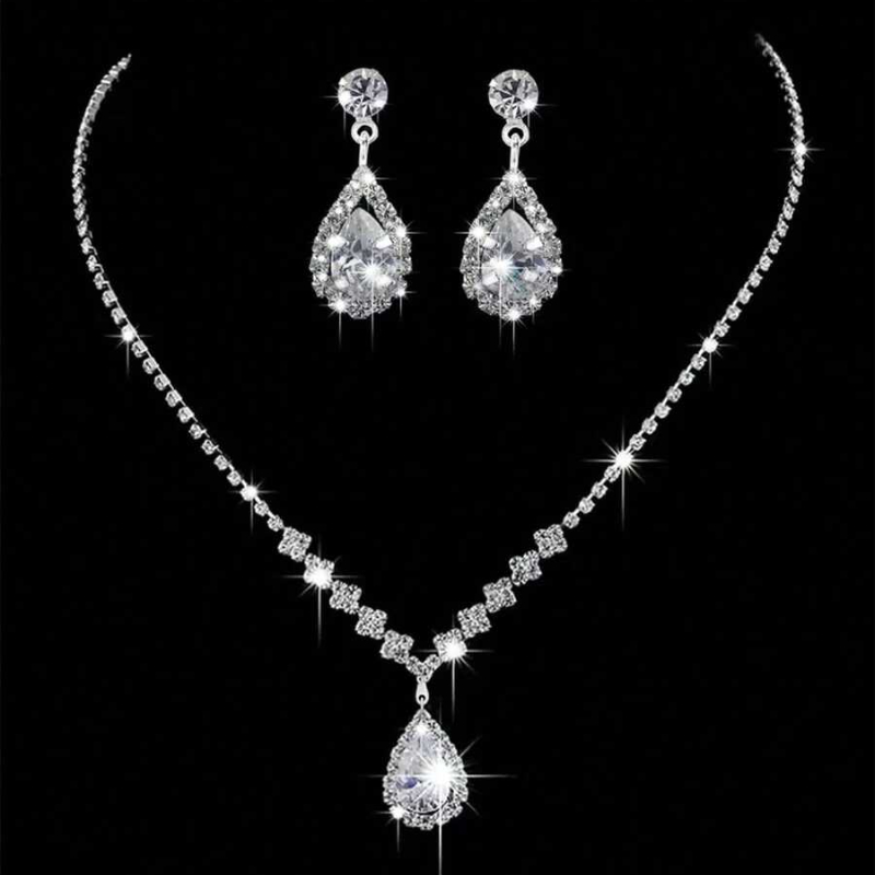 Image of 2pcs Set Manfanst Luxury Hypoallergenic Claw Chain, Teardrop Pendant Necklace And Earrings Set, Elegant Bridal Party Accessories With Random Connector Rings
