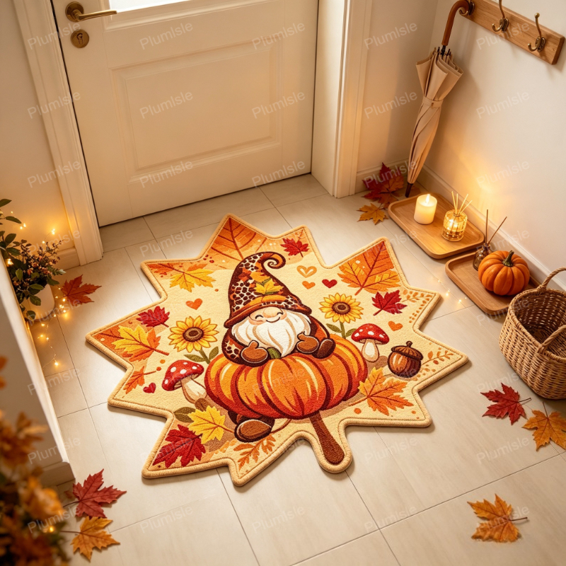 TEMU 1pc Thick Pile Rug Suitable For Bedroom/living Room - Non-slip Carpet With Maple Leaf, Pumpkin, Gnome & Mushroom, Irregular Shape, Machine