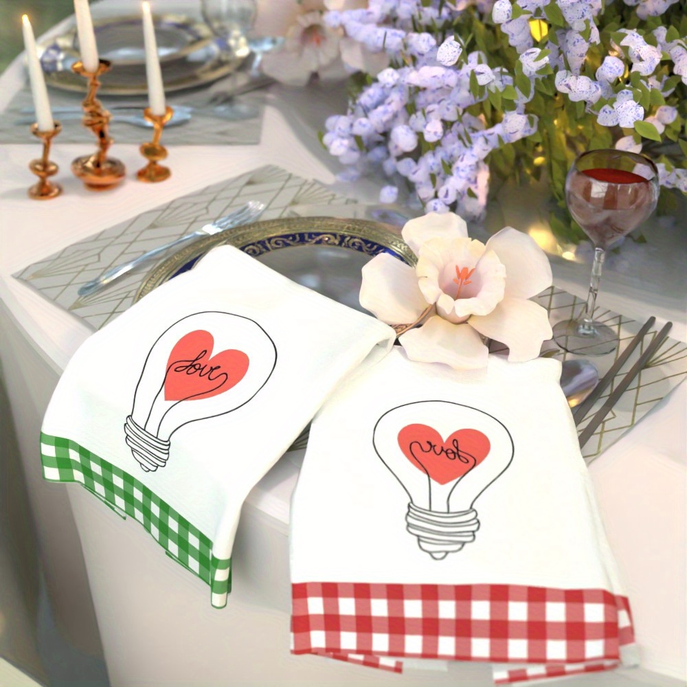 2pcs valentine s day heart bulb design kitchen towels - 45.72x66.04cm, super absorbent &  , soft polyester, ideal for kitchen, bathroom & more, perfect gift, bathroom towels|decorative towels|machine washable, dish towels details 1