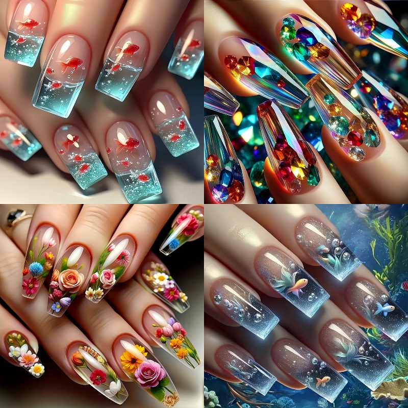 96pcs Floral Goldfish Press-on Nail Set | Reusable Detachable Fake Nails | Gorgeous Manicure Kit For Women