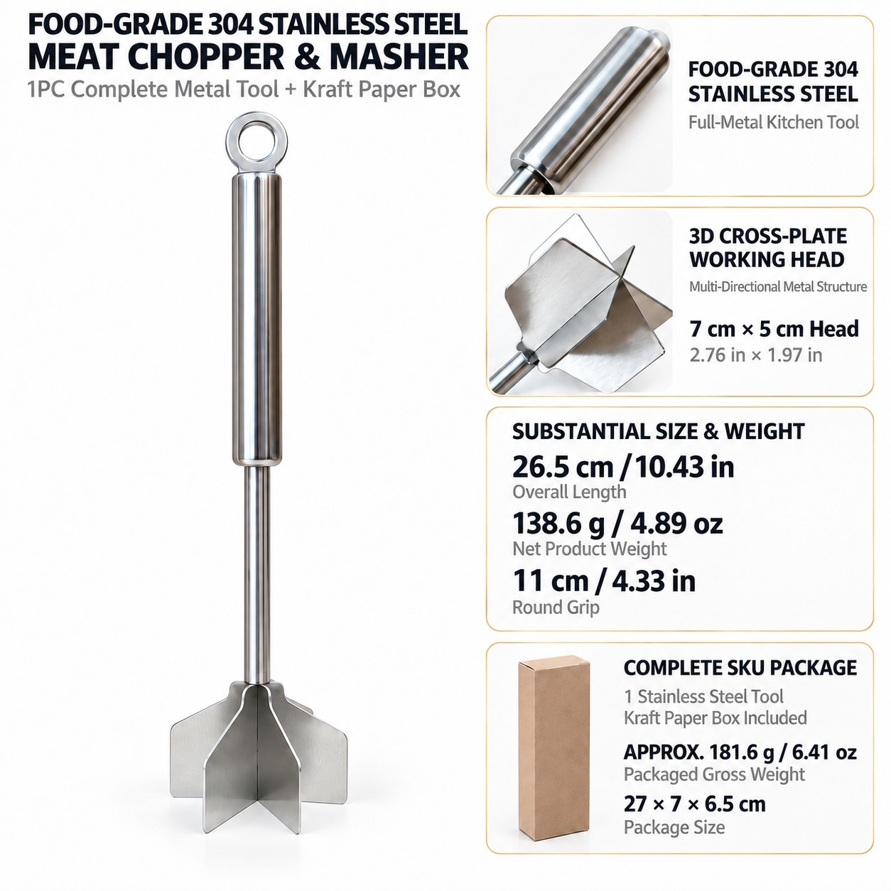 TEMU Food-grade 304 Stainless Steel Meat Chopper & Potato Masher, 3d Cross-plate Ground Beef Chopper With Long Handle & Hanging Loop, Ground Meat
