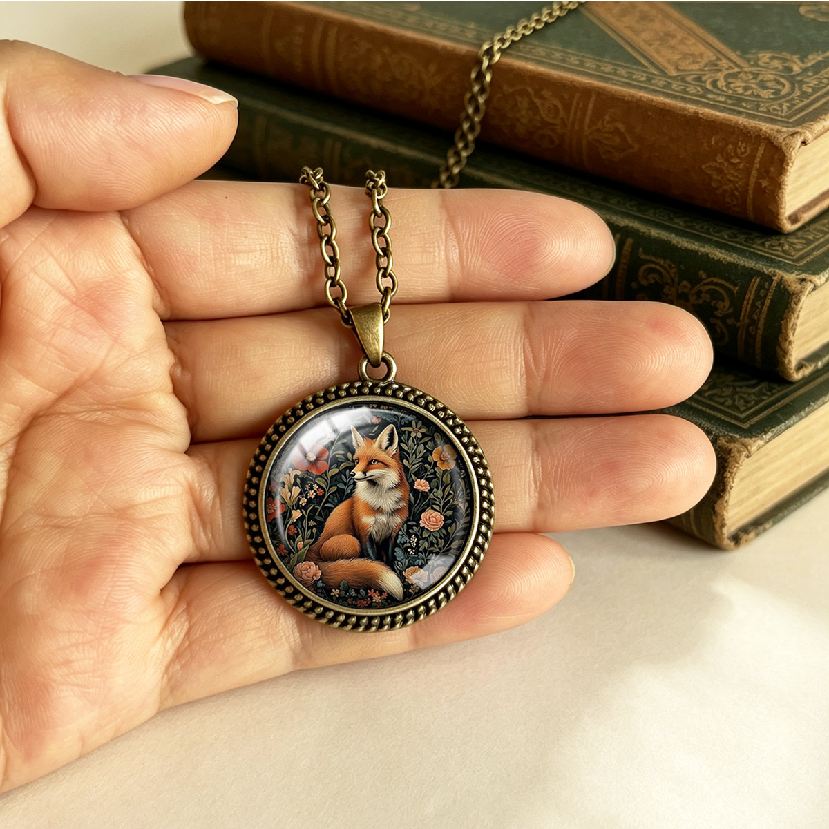 Floral Red Fox Print Pendant Necklace