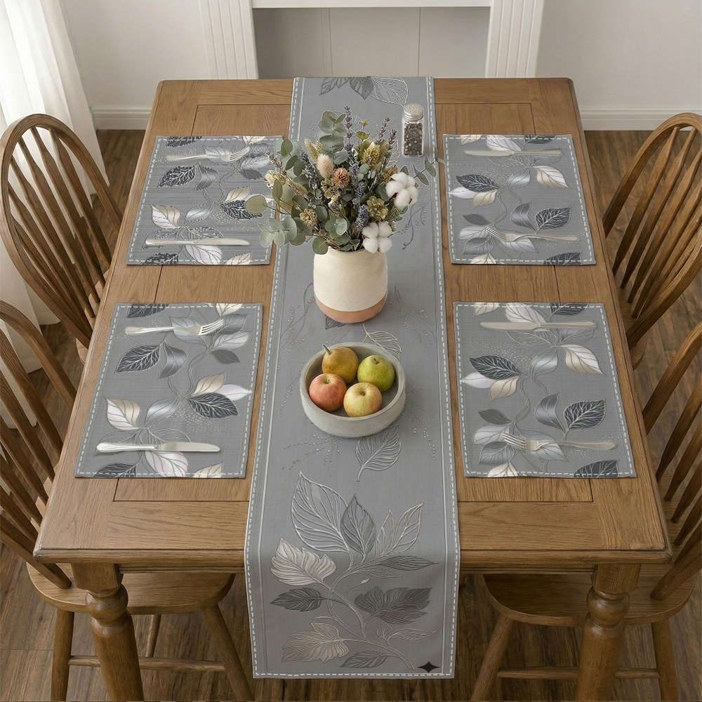 TEMU 5/7pcs Flowers Modern Monochromatic Set, Table Runner And Placemat Set Silver And Charcoal Leaf Vine Suitable For Home Dining Room Farmhouse