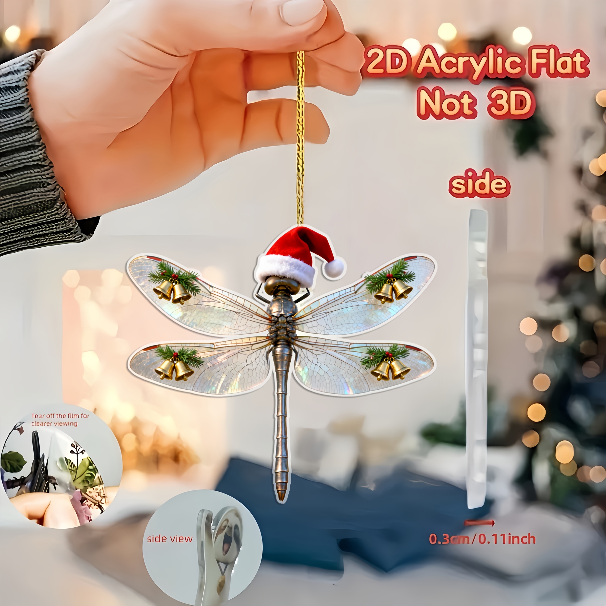 TEMU 2d Flat, 1pc Christmas 2d Dragonfly Wearing A Santa Hat Pattern, Non-electric, Christmas Tree Ornament, Holiday Hanging Decoration, Acrylic