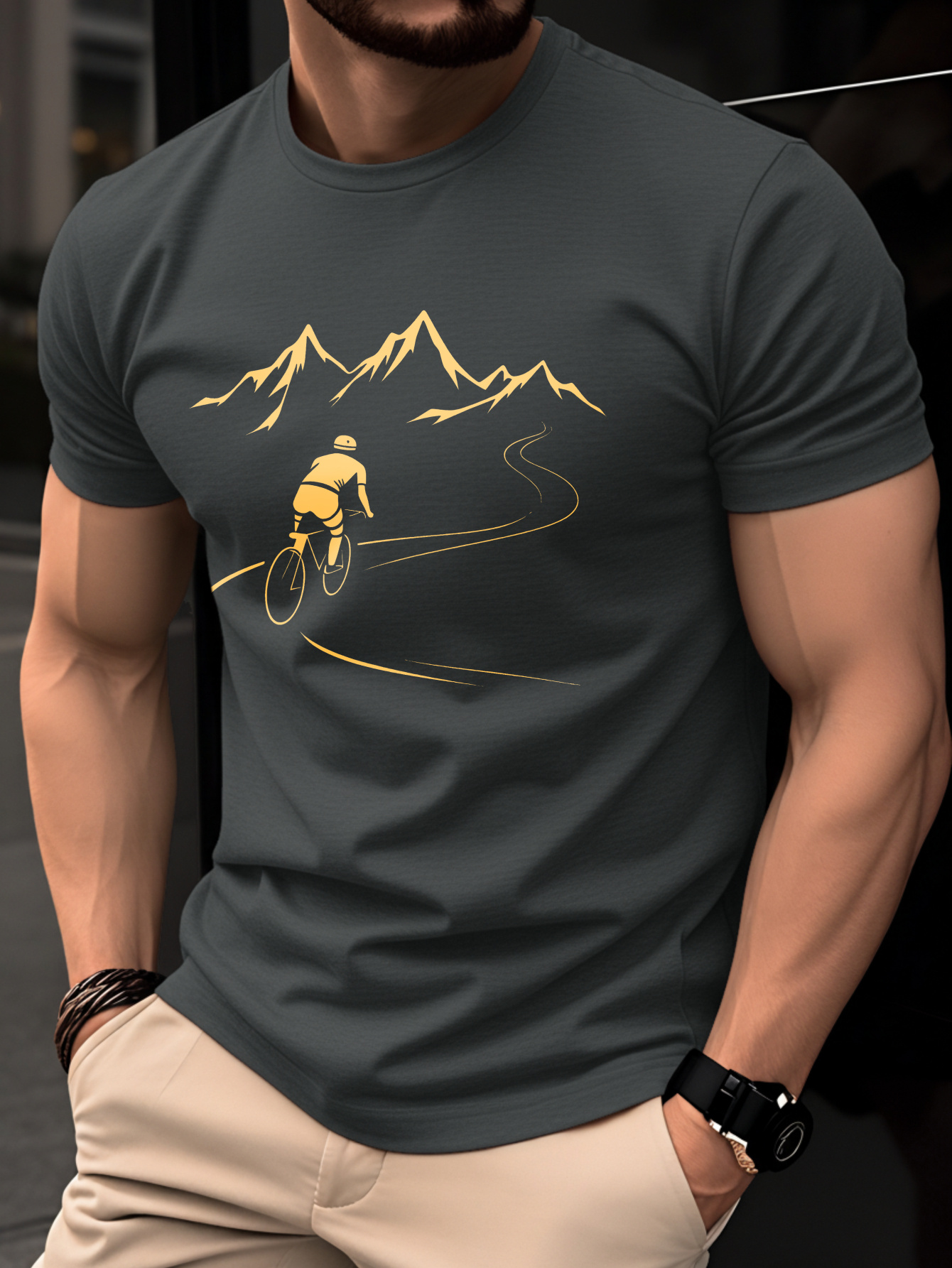 herren-t-shirt aus 100 % baumwolle, sommer-kurzarm-dünnes oberteil, trendiges modisches  -fit-atmungsaktives sport-freizeit-basisschicht-shirt mit handgemaltem gelbem radfahrer- bergmuster-design