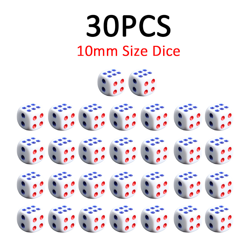 Image of A Pack Of 30pcs Of 10mm Dice Featuring A White Background With Red And Blue Dots, Ideal For Party Gatherings And Entertainment Purposes