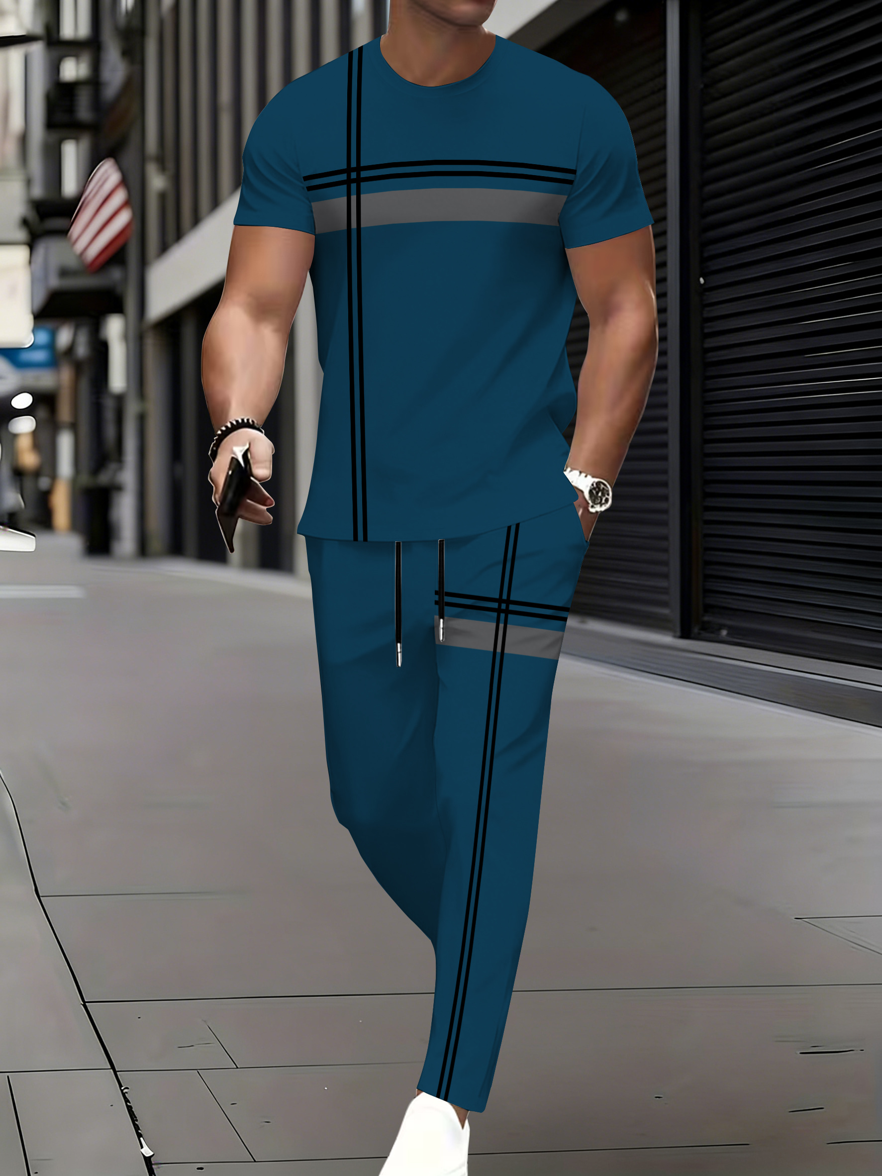 Men's Fashion Vintage Short-Sleeve Crew Neck T-Shirt And Long Pants Set, Featuring 3D Print Design, Elegant Casual Crew Neckline, Slightly Stretchy Knit Fabric, Suitable for Spring And Summer, Indoor And Outdoor Wear.