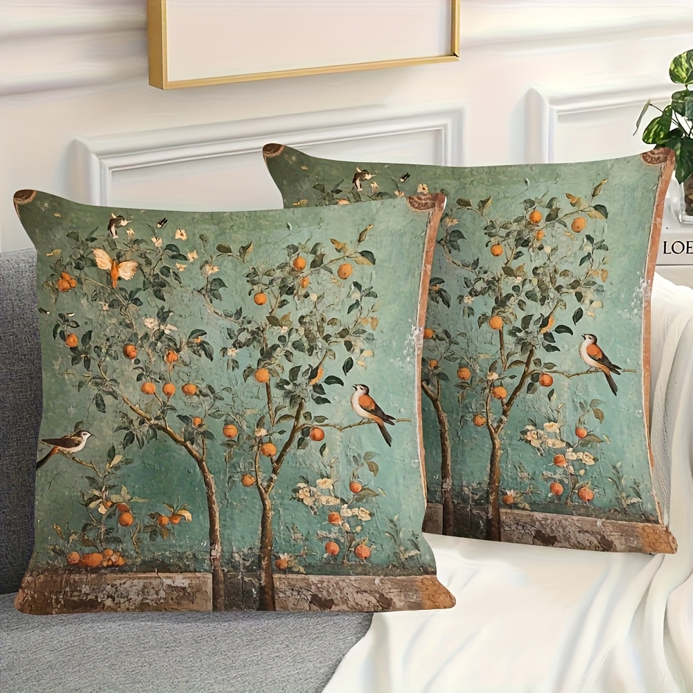 TEMU 2pcs Set Vintage Distressed Green Floral, Bird, And Fruit Tree Print Pillowcases, 2d Single-sided Print, Simulated Embroidery Texture, Pillow