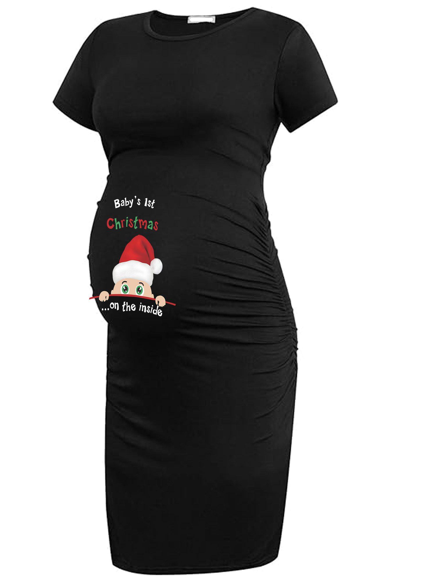 white christmas dresses Plaid 3/4 Sleeve Round Neck Ruched Maternity Dress Red/Black / Small main image 1