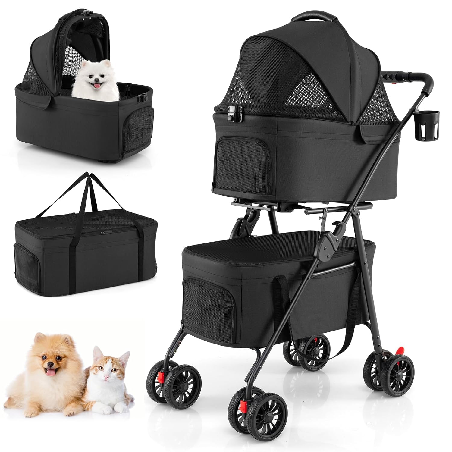 Image of Double Pet Stroller 3in 1 Foldable W/ 2 Detachable Carriers, Car Seats, 35 Lbs Load Travel Stroller For Small , 4 Lockable Wheels, One-hand Fold, Cover, Breathable Mesh, Black
