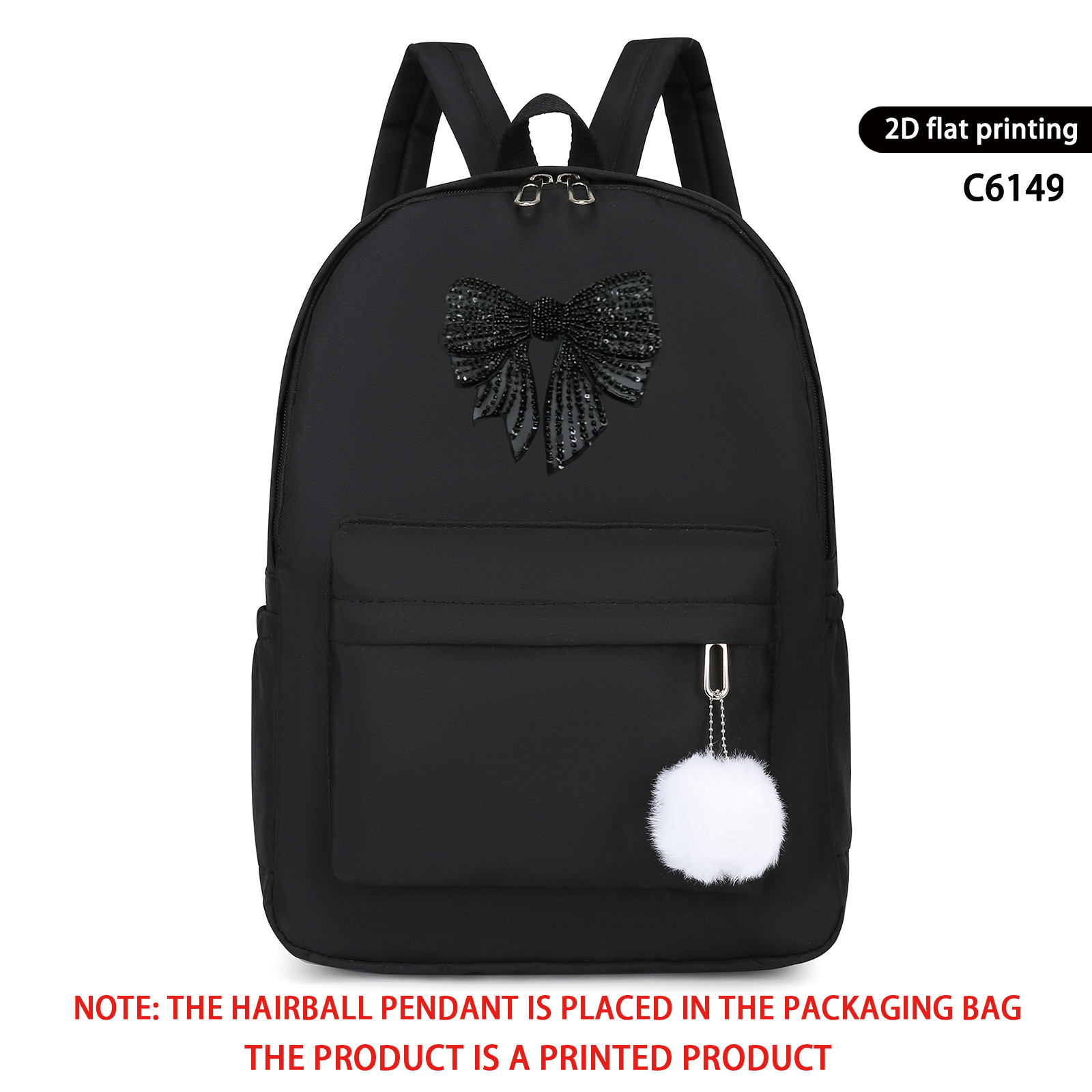 TEMU 1pc Black Fashionable Simple And Versatile Bowknot Print Backpack, Large Capacity Casual Travel Backpack, Multi-functional School Bag Suitable