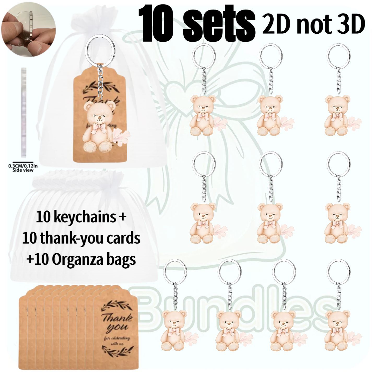 TEMU 2d , Gift For Her/him 2d Flat, 5/10-pack Set Of Bow Tie Bear Keychain Set, Includes 2d Design, With Thank You Card And Organza Gift Bag | Cute