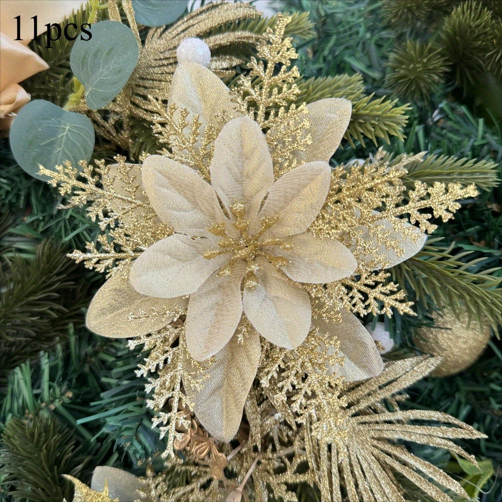 TEMU 11pcs Shiny Christmas Red Roses, New Double-layer Artificial Red Roses With Golden Embellishments - High-quality Plastic Christmas Tree & Home