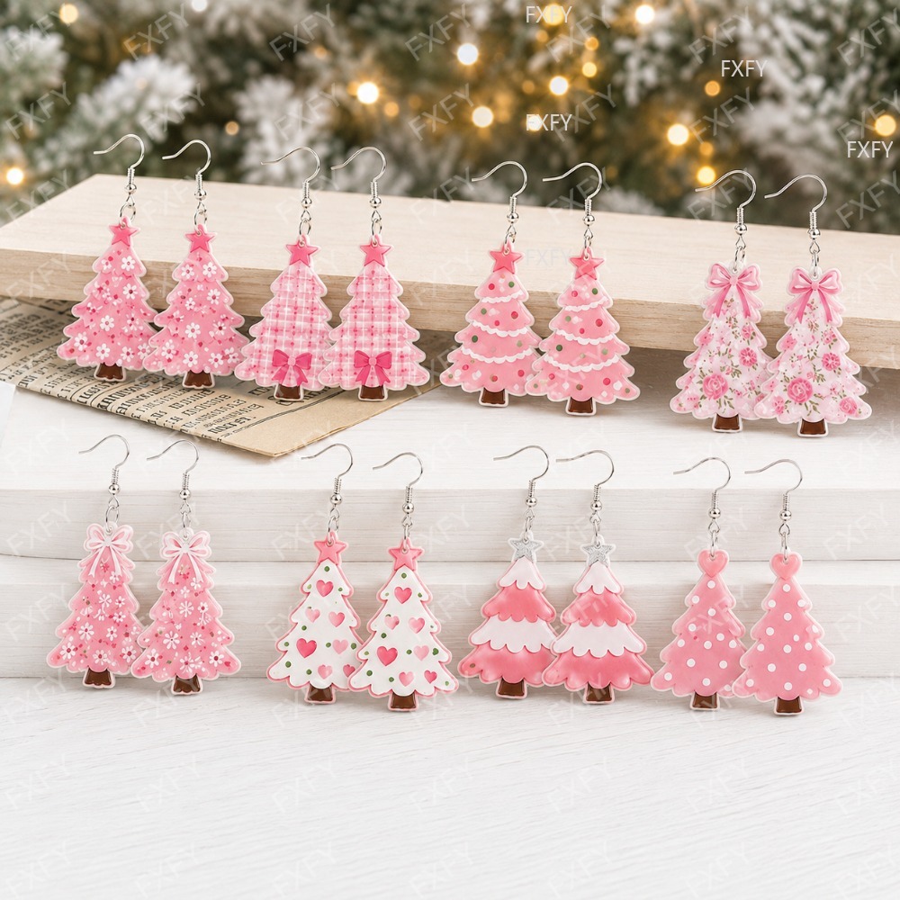 TEMU 16pcs/8 Pairs Of Christmas Pink Acrylic Earring Sets For Christmas Trees, Christmas-style Accessories, Cute Earrings For , Ideal Gifts For Your