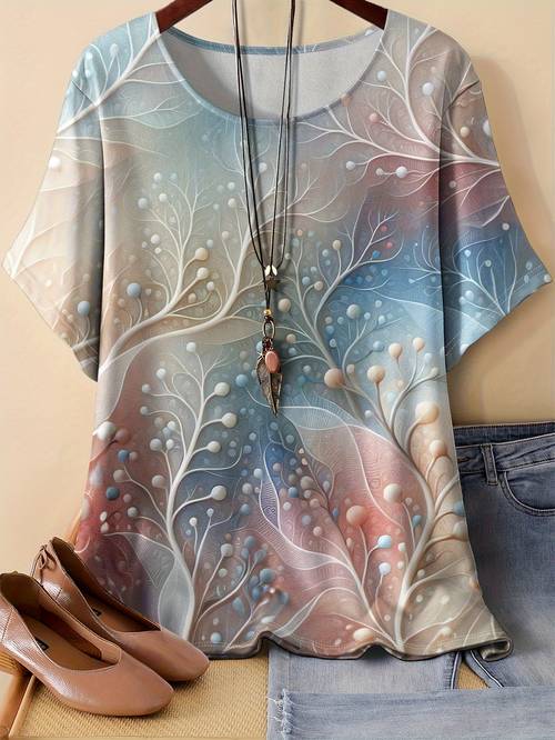 womens plus size casual crew neck t shirt vintage floral print stretch fabric polyester 96 elastane season 180gsm fashionable breathable top