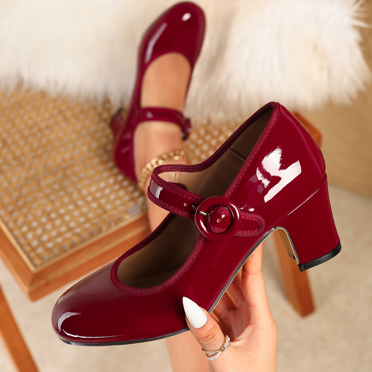 Burgundy Patent-look Single Strap Round Toe Block Heel Pumps, Vintage Dress Heels, Wedding Guest, Party, Date Night, Birthday Dinner, Banquet, Evening Events, Summer Autumn 2026, Women Shoes