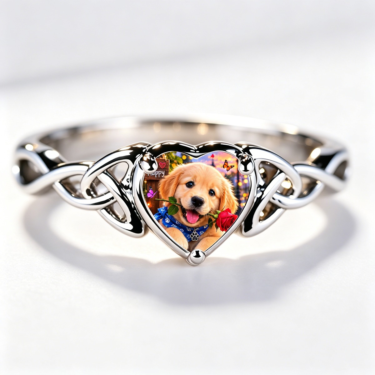 Fluffy Golden Retriever Puppy Ring, Celtic Knot Band Design