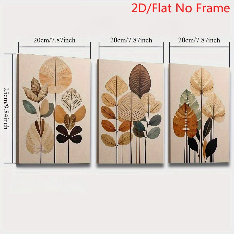 TEMU 2d Flat, 2d Flat, 2d/flat Frameless, 3pcs Scandinavian , Medieval Print, Abstract Plant Leaf Texture, Sage Green, Black And Beige Color Scheme,