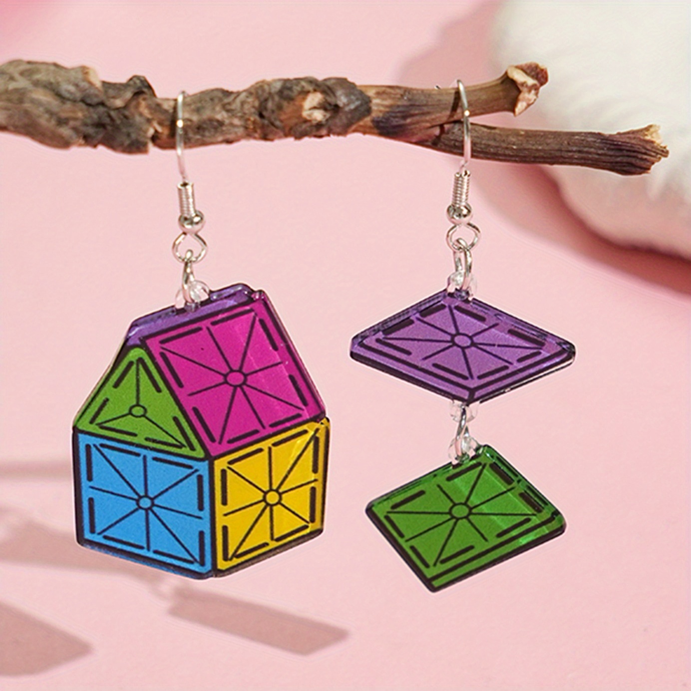 TEMU 2pcs Personalized Geometric Block Small Style Alloy Acrylic Unisex Earrings Pendant Party Prom Birthday Gift