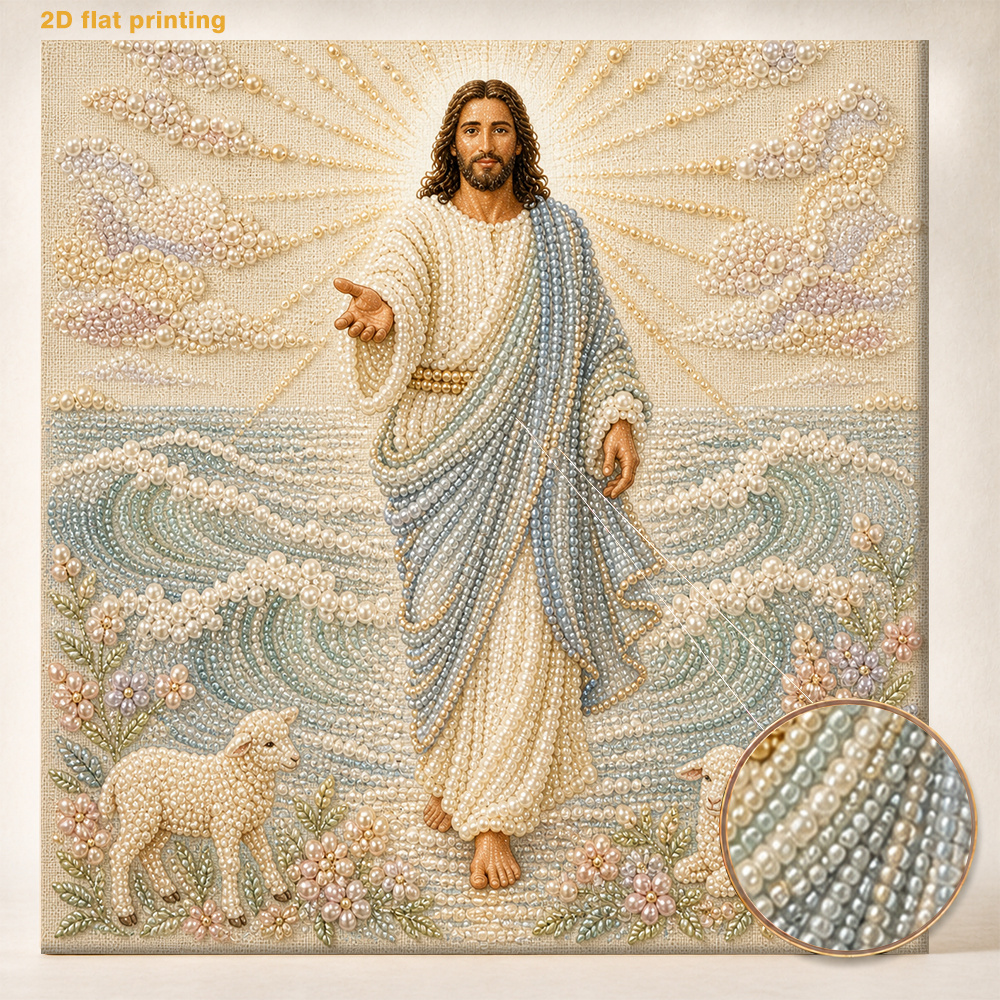 TEMU New 2d Flat Printing Pearl Art Painting Kit - Jesus And The Lamb By Pattern, Includes Round Pearls, Shiny Gemstones, Clear Symbols, Full Set Of