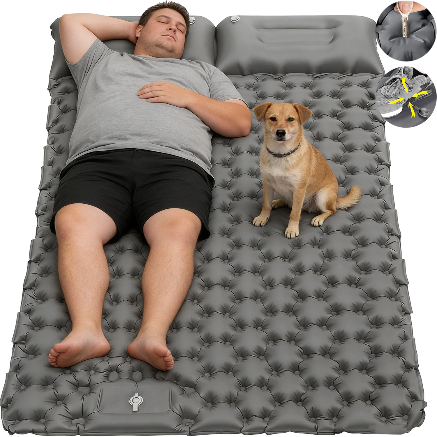 Image of 2-person Ultralight Inflatable Sleeping Pad, Double Camping Inflatable Sleeping Pad With Pillow And Integrated Foot Pump, Portable Air Bed For Tent, Backpacking, Hiking & Travel