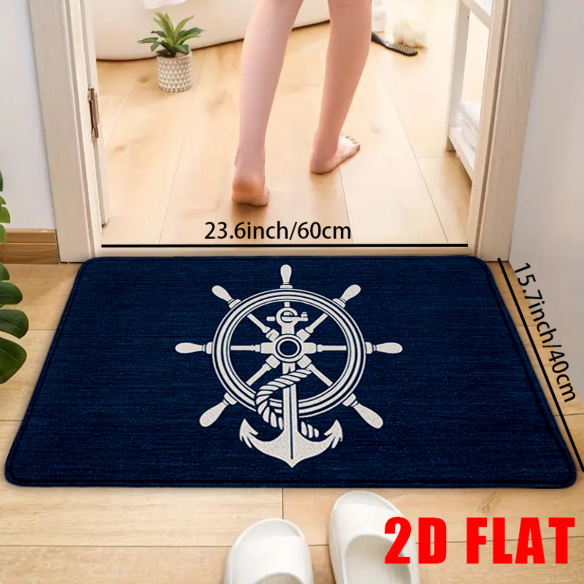 TEMU 2d Flat, 2d Flat Mat 1pc, Bathroom Anti-slip Mat With Elegant Nautical Ship Wheel And Anchor Design, And Durable, Perfect For Bathroom Anti-slip