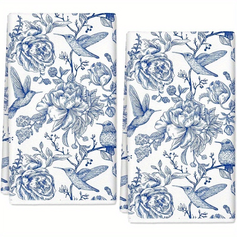 

2pcs 18x26inch Blue And White Floral Kitchen Towels, Modern Chinese Style With Birds And Flowers, Soft Polyester Dish Towels For Farmhouse Cooking, Baking, Cleaning, Machine Washable