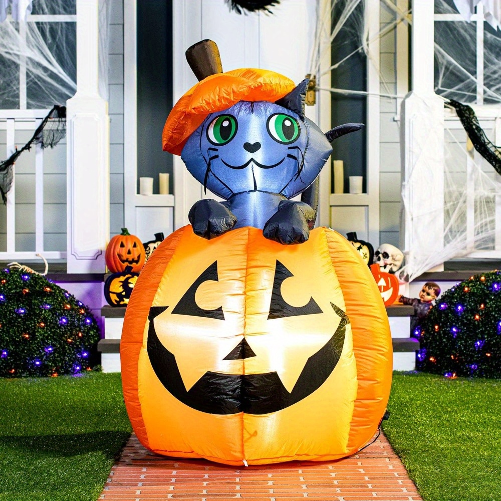 5ft halloween inflatable outdoor decorations animated cat on pumpkin with leds plug powered pvc yard decoration for spooky halloween party halloween decorations Product details 2