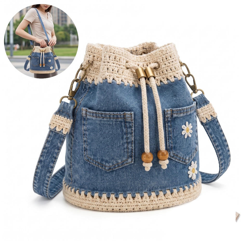 Drawstring Crossbody Shoulder Bag | Women's Bohemian Style Denim Handbag, Casual Retro Tote Bag, With Adjustable Shoulder Straps, Suitable For Travel, Shopping, Beach, And Daily Use
