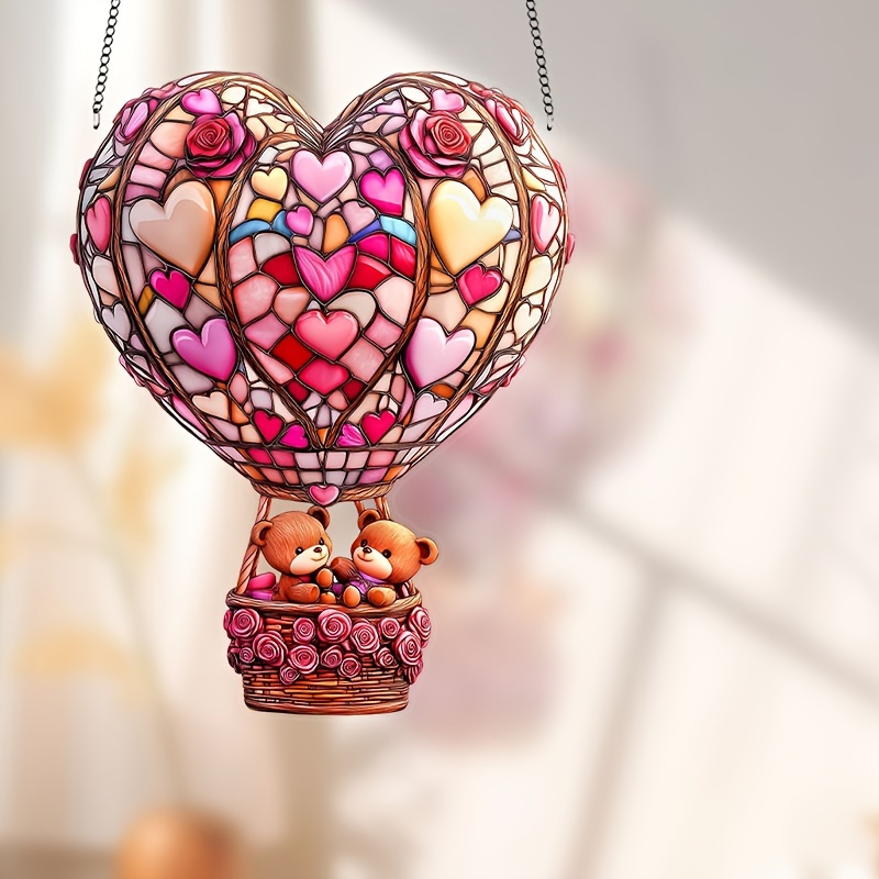 

1pc Romantic Acrylic Love Heart Balloon & Teddy Bear Suncatcher - 6.5"x8.3" Stained Window & Wall Decor, Hanging Ornament, Ideal For Valentine's Day, Anniversaries, Home & Outdoor Decoration