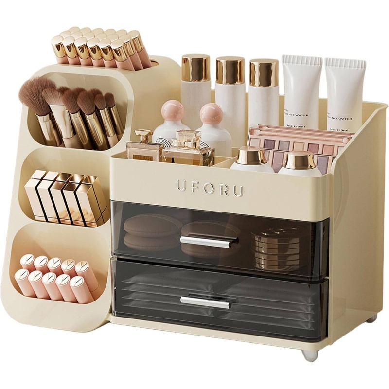 makeup organizer vanity with brush holder, countertop organizer with 2 drawers,   cosmetic display  , skincare, lipstick, makeup organizer with  , cosmetics storage organizer, makeup storage box, makeup organizers and storage, skincare storage, compact beauty display, modern vanity tray, lightweight storage solution, rustresistant organizer, makeup brush holder, skincare routine, makeup artists Product details 0