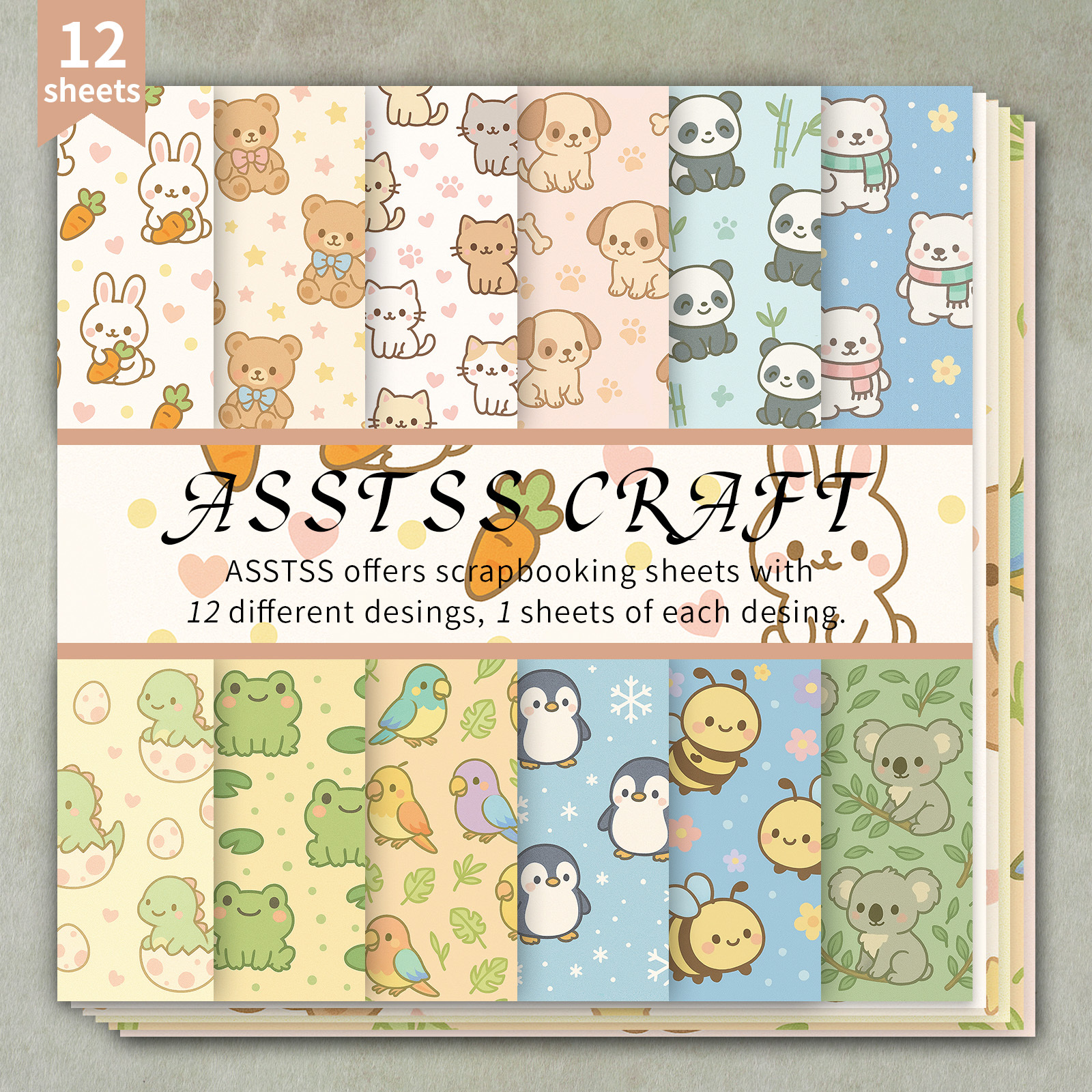 TEMU Bloc de Papier Scrapbooking 12 Feuilles Assorties, Papier de Fond Animaux Mignons Kawaii, Carton Épais pour Journaling, Art Collage, Cartes de