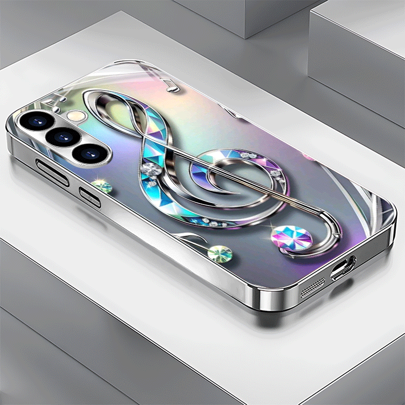Etui za telefon - Očarljive glasbene note in dinamični vzorci 2025 Nov elektroplatiran srebrn etui iz kaljenega stekla za Samsung Galaxy
