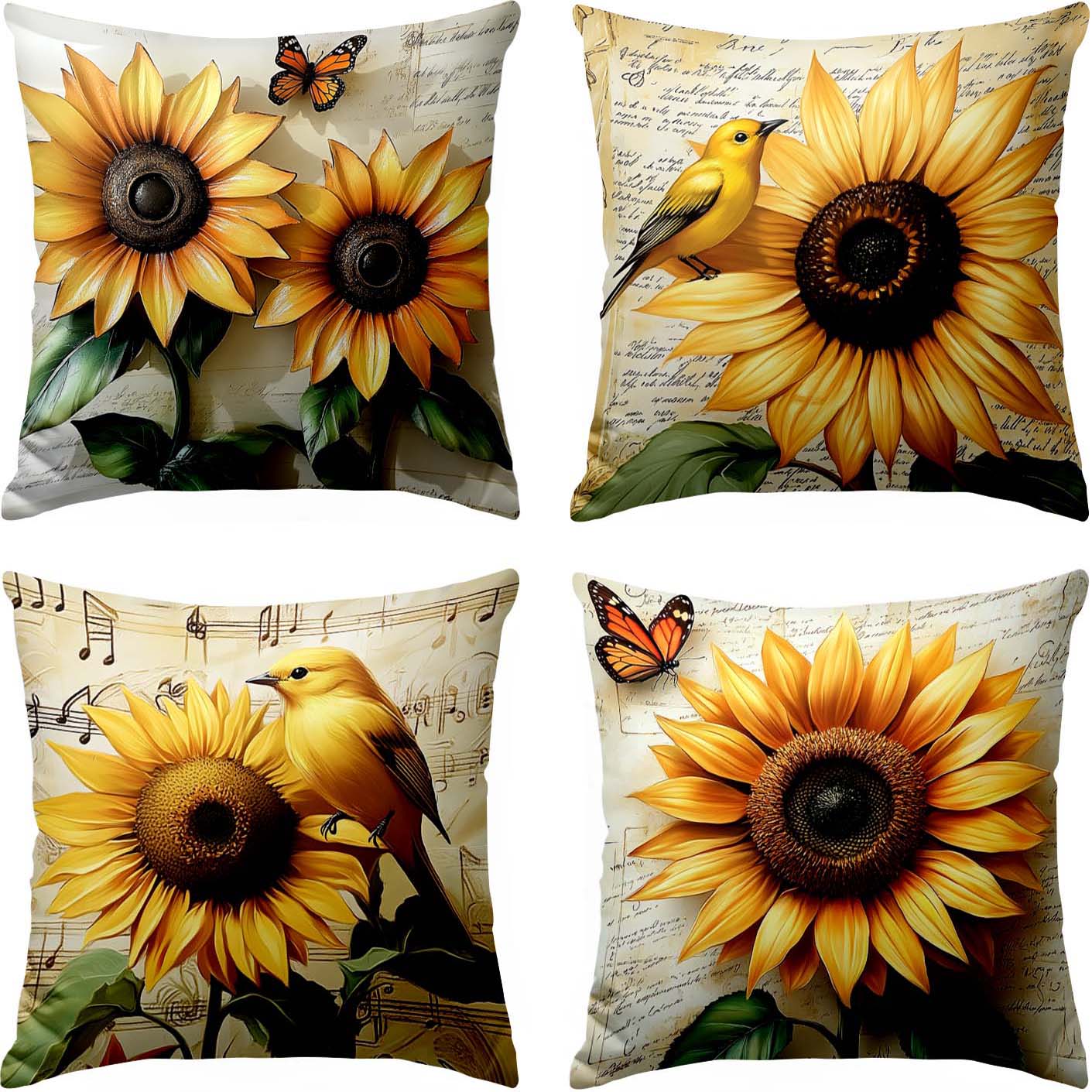 

4-pack Sunflower Throw Pillow Covers, 18x18 Inch, Contemporary Style, Geometric Pattern, Polyester, Zipper Closure, Machine Washable, Decorative Sofa Cushion Cases For Living Room