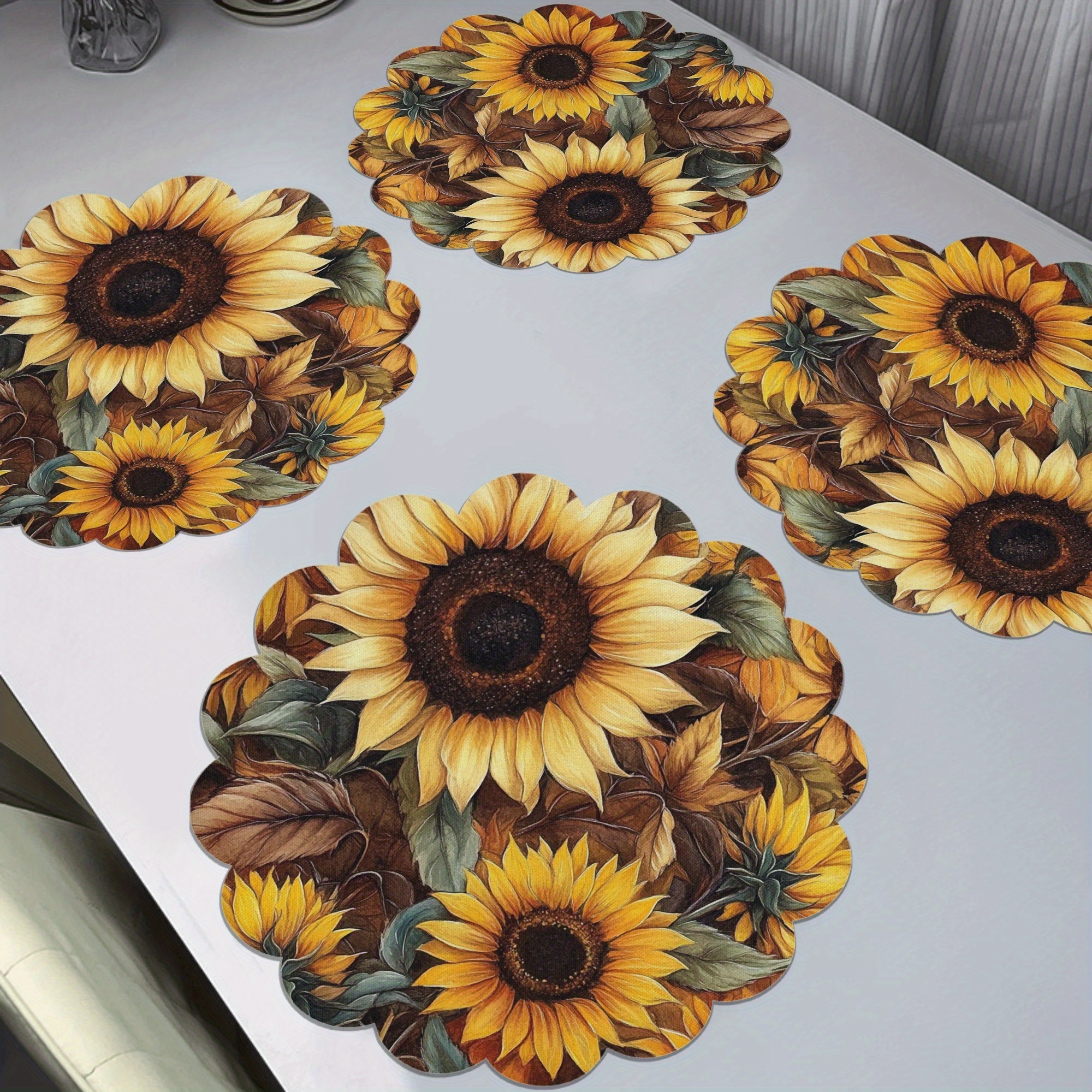 

4-pack Sunflower Polyester Placemats, 15x15in Round Woven Table Mats, Machine Washable, , Easy To Clean, Non-slip, Heat-resistant, High-quality Dining Decor