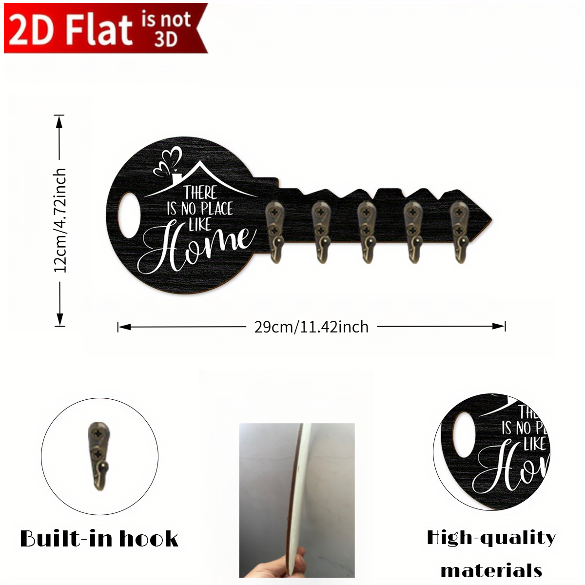 TEMU 2d Flat, Wall Decoration Hanging Painting Hanging Sign, Retro Wooden Key Holder, With Metal Hooks, Wall-mounted Keychain, , Decorative Key