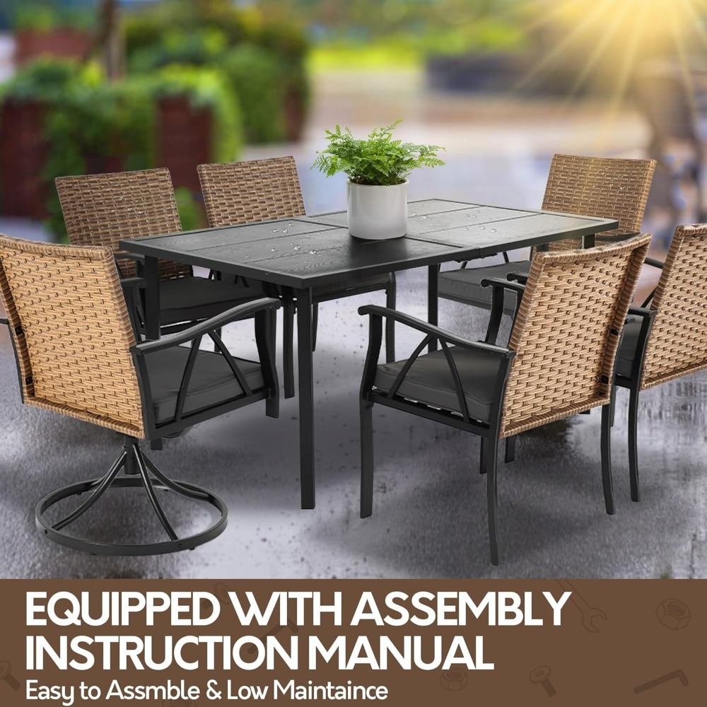 Andehomy 7pcs Patio Dining Set with 6 Chairs And 1 Table, Outdoor Dining Set with 2 Wicker Swivel Patio Dining Chairs with Cushions & Black, Rectangular Woodgrain Metal Dining Table with 1.75