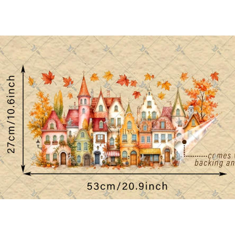 TEMU 2D-Flach, . 2D-Flach bedrucktes Herbst-Märchenstadt- mit Ahornbaum, Kürbis Ahornblatt Fensterfolie, PET statisch haftende Glasfolie, keine