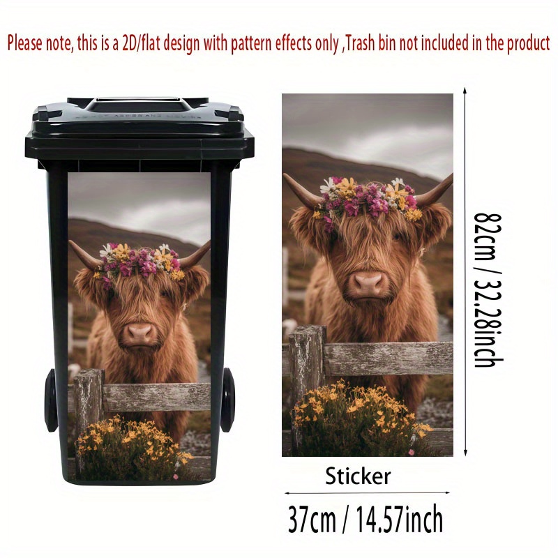 Image of 2d Flat Printing 1pc Trash Can Sticker 37×82cm Rustic Farmhouse Highland Cow Theme Design Self-adhesive Wallpaper Kitchen Bin Decoration Suitable For Trash Cans, Walls, Home Decor, 2d Flat