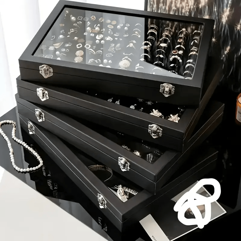   velvet jewelry organizer box with transparent glass lid   multi compartment design for earrings necklaces bracelets elegant gift for mothers day anniversary or best friend jewelry box jewelry making display packaging supplies Product details 0