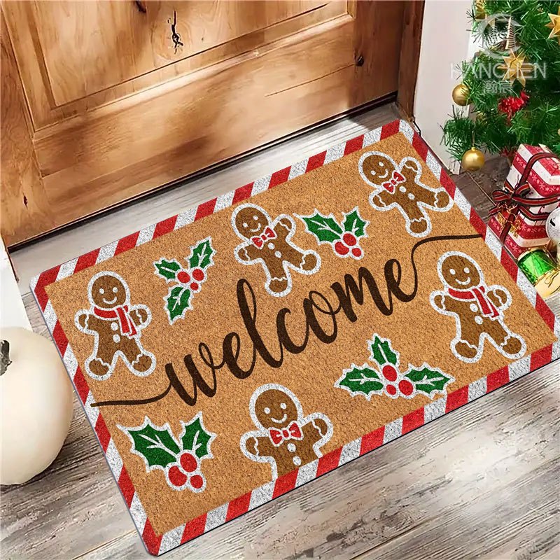 TEMU 1pc Gingerbread For Man & Holly Print Indoor Welcome Suitable For Christmas, Non-slip Flannel Suitable For Bedrooms, , Living Rooms, Soft For