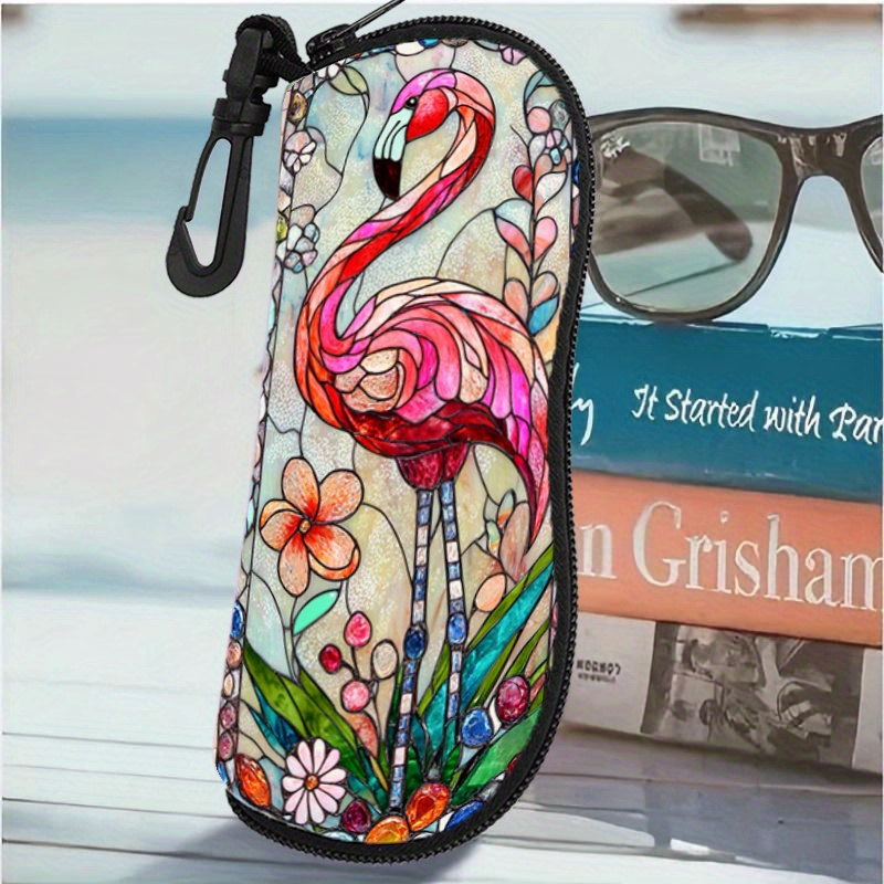 TEMU 2d Flat - A Single Exquisite Portable Zipper Case For Glasses, Featuring Flamingos And Vibrant Floral Designs, Making It Perfect For, Everyday,
